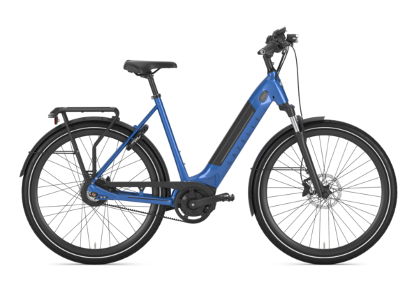 Blå elcykel fra Gazelle set fra siden