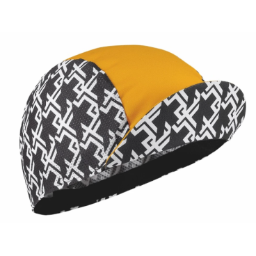 Assos Cap GT i orange farve med mønstre på siden - med cappen oppe