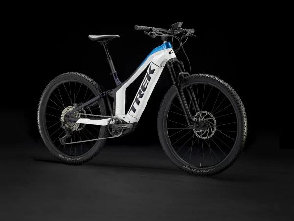 Robust el-mountainbike fra Trek Model Powerfly FS 7 i farven hvid/blå